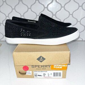 NIB Sperry Top Sider Women's Seaside Perforated Emboss Leather Sneakers Black 8